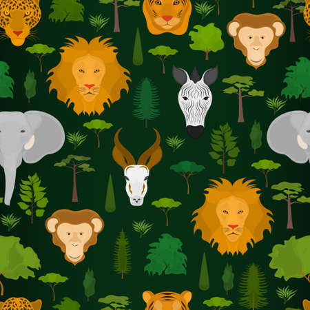 Seamless vector pattern with heads of wild beasts on a dark green backgroundのイラスト素材