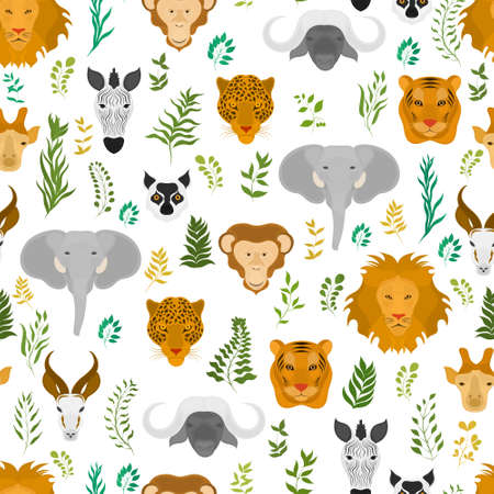 Vector seamless pattern with wild animals and plants on a light backgroundのイラスト素材