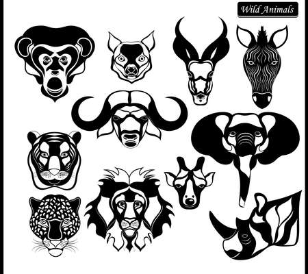 Heads of wild beasts. Animals of Africa in black and white colorsのイラスト素材