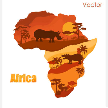 Vector map of Africa with animals. Sunset.のイラスト素材