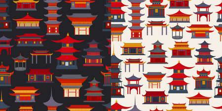 Seamless patterns of Chinese buildings and temples on a light and dark backgroundのイラスト素材
