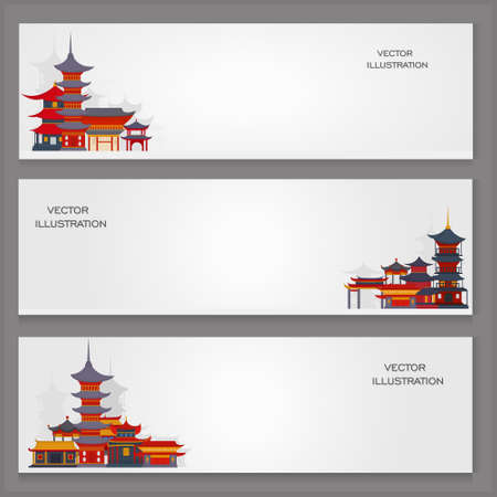 Three vector banners with Chinese traditional buildings and temples on a gray background.のイラスト素材
