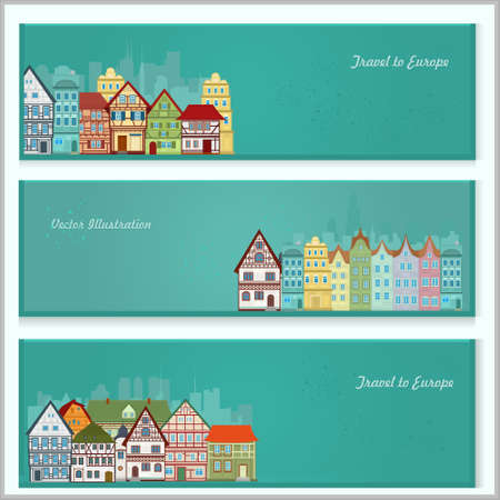 Set of vector banners with european traditional architecture. Postcards with European houses.のイラスト素材
