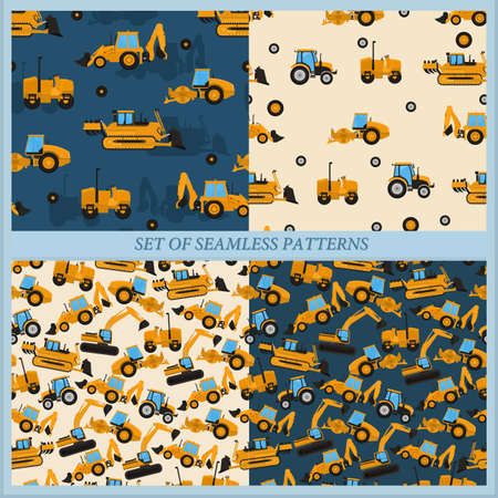 Set of seamless patterns with working machines on a blue and light background.のイラスト素材