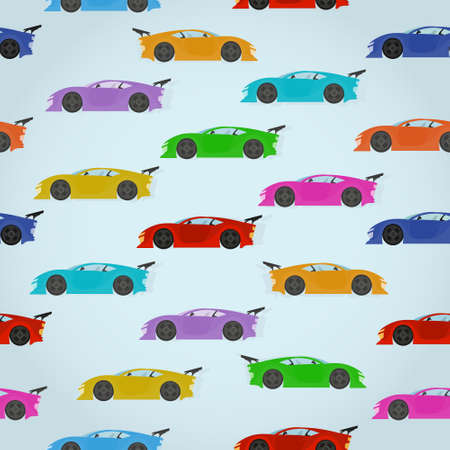 Seamless vector pattern with colorful cars on a light blue background.のイラスト素材