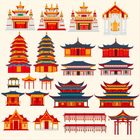 Set of Chinese temples, gates and traditional buildings on a light gray backgroundのイラスト素材