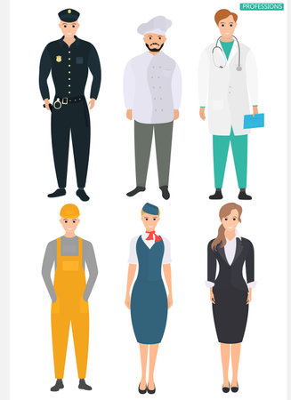 Set of people of different professions. Stewardess, doctor, police officer, builder and cook.のイラスト素材