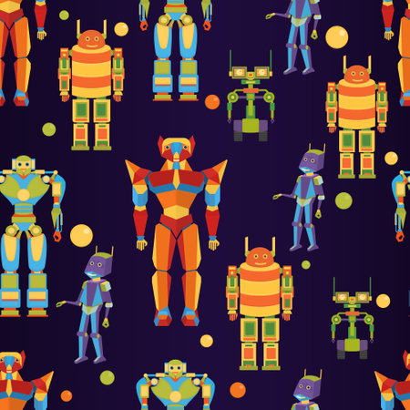 Seamless vector pattern with robots on a dark purple background. Vector robots.のイラスト素材