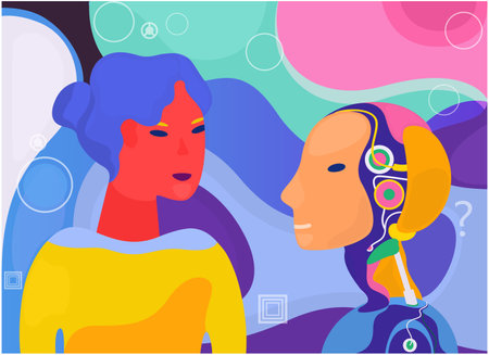 Vector poster with a girl and a robot. Robot assistant. Communication with the robot.のイラスト素材