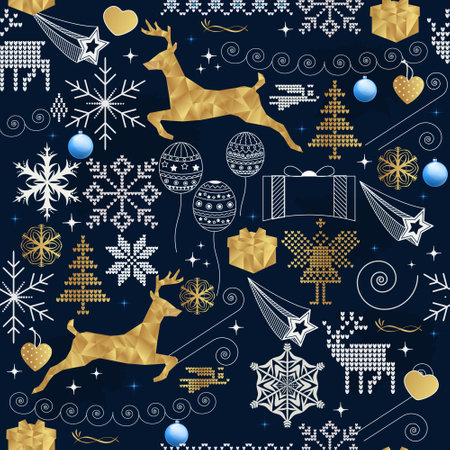 Seamless Christmas pattern with festive ornaments and golden deerのイラスト素材