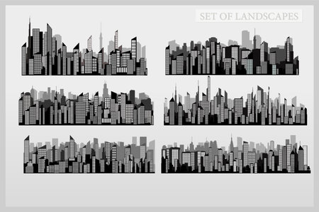 Collection of cityscapes on a gray backgroundのイラスト素材