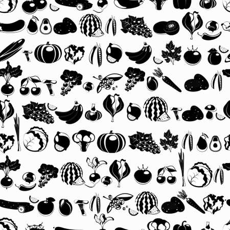 Seamless vector pattern with vegetables and fruits in black and white colorsのイラスト素材