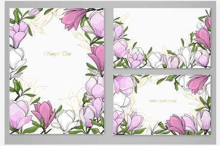Set of vector greeting cards with magnolia and golden plants in line art style on a gray background.のイラスト素材