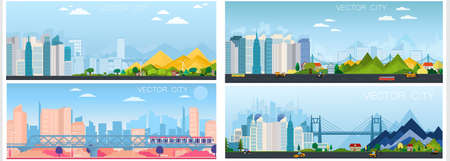 Set of vector poster with modern city view with skyscrapers.のイラスト素材