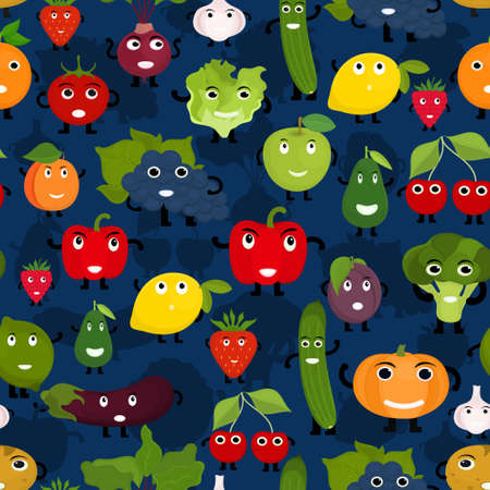 Seamless vector pattern with characters of vegetables and fruits on a dark blue backgroundのイラスト素材