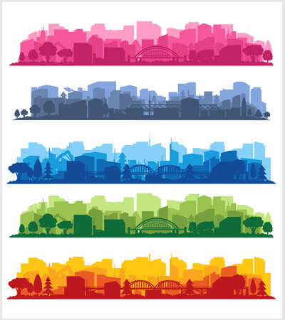Collection of city landscapes on a light background. City landscape in different colors.のイラスト素材