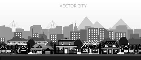 City view in black and white. Vector poster with suburban houses and skyscrapers.のイラスト素材