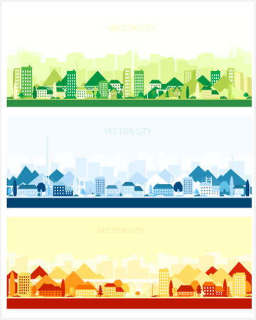 Three vector posters with city views. Modern cities with skyscrapers, houses and mountains. Panoramic view.のイラスト素材