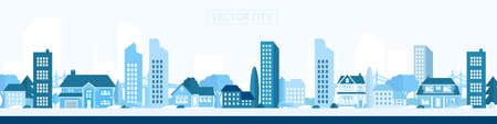 Vector poster with the city in blue. Modern city with trees, buildings and a bridge. City landscapeのイラスト素材