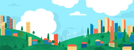 Vector poster overlooking the valley with houses and skyscrapers. Suburban houses with trees and windmills.のイラスト素材