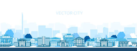 Vector poster with the city in blue. Panoramic view of the city with city buildings.のイラスト素材