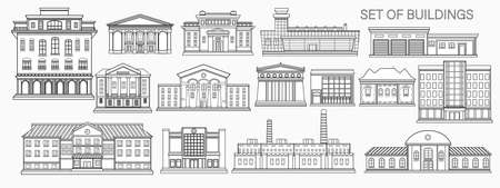 Set of city buildings on a light gray background. Building icons. Outline style.のイラスト素材