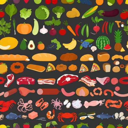 Seamless vector pattern with food on a black background. Vegetables, fruits, bread, seafood on a seamless pattern.のイラスト素材