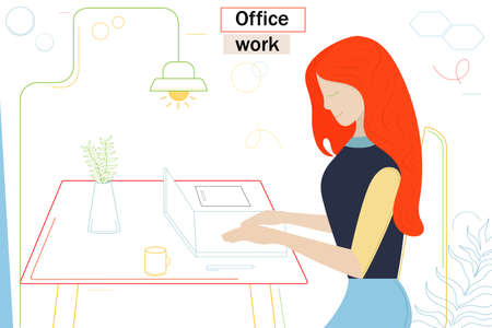 Vector poster with a girl behind a laptop. Office work. Modern design.のイラスト素材