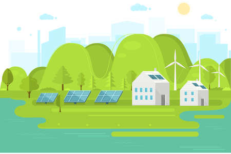 Vector poster with solar panels and city view. Eco city. Conservation of nature.のイラスト素材