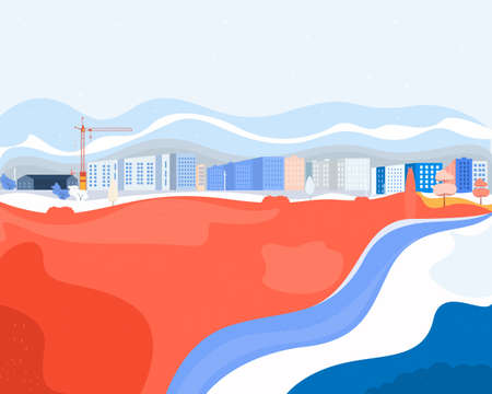 Vector poster with nature and city views. Modern city with a construction crane.のイラスト素材