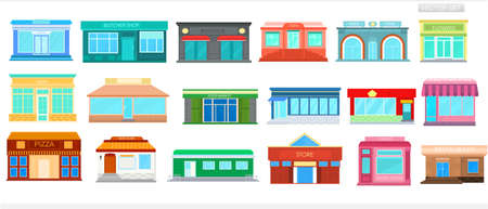 City buildings on a white background. Set of icons of markets, grocery stores, restaurants, cafes, pizzerias and other city buildings.のイラスト素材