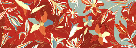 Vector background with golden flowers in line-art style on a red background. beautiful banner.