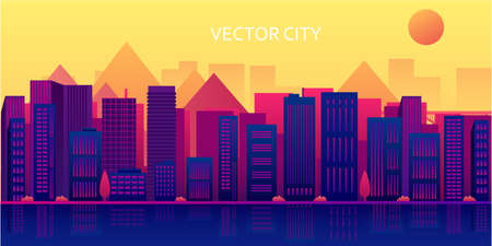 Vector poster with city view. Urban landscape with skyscrapers and mountains. panoramic view.のイラスト素材