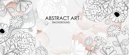 Vector poster with flowers in line art style on a watercolor background. abstract background.のイラスト素材