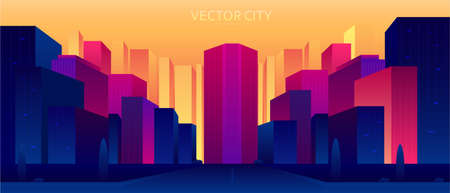 Vector poster with night city view. urban landscape. Modern skyscrapers with moon.のイラスト素材