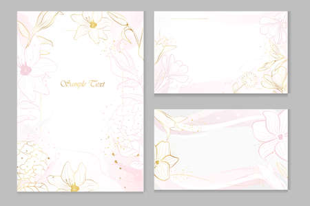 Set of vector cards with golden and pink plants in line-art style on a gray background.のイラスト素材
