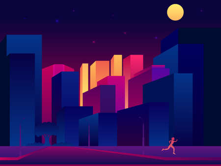 Vector poster with night city view. urban landscape. Modern skyscrapers and houses.のイラスト素材