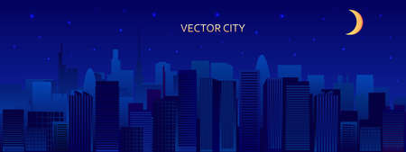 Vector poster with city view. Urban landscape with skyscrapers Panoramic view. night city with moon.のイラスト素材