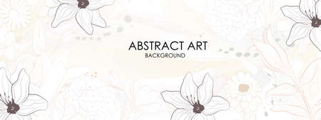 Vector poster with flowers in line art style on a watercolor background. abstract background.のイラスト素材