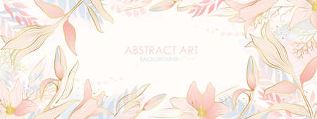 Vector poster with golden plants and flowers on a watercolor background. abstract background.のイラスト素材