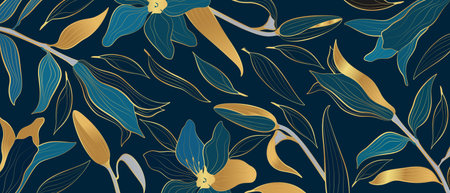 Vector banner with golden flowers in line-art style on a dark blue background.のイラスト素材