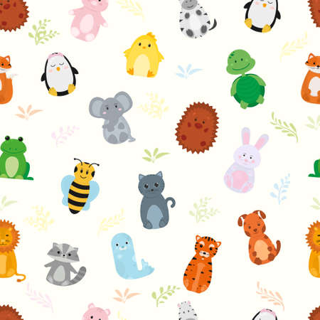 Seamless vector pattern with baby animals on a white background.. Cute animals.のイラスト素材