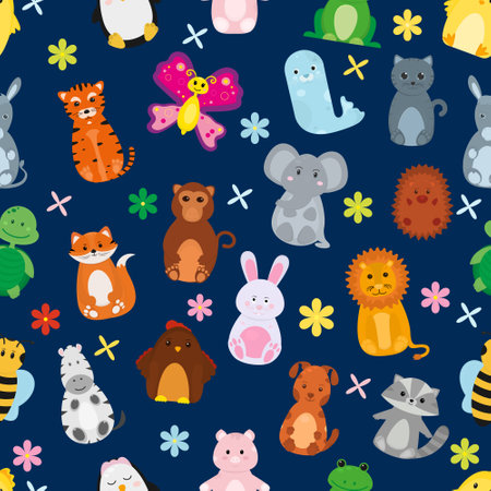 Seamless vector pattern with cute animals on a blue background. children's pattern.のイラスト素材