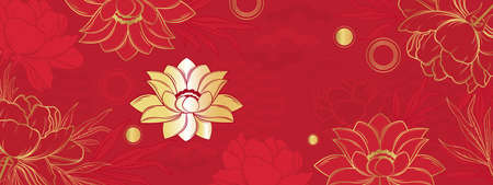 Vector banner with golden lotus flowers and peonies on a red background. Chinese background