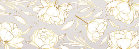 Vector banner with gold flowers in line art style.Golden peonies.のイラスト素材