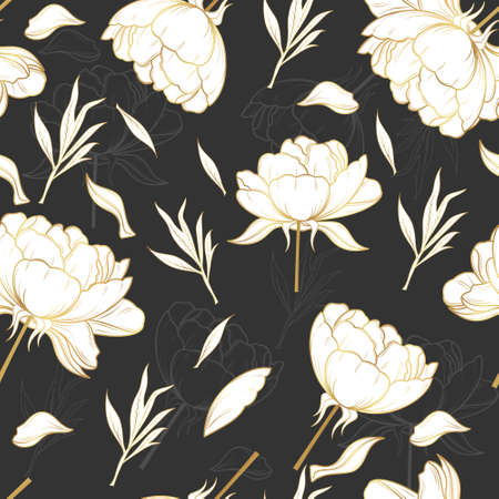Seamless vector pattern with golden peonies in line-art style on a dark background.のイラスト素材