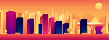 Vector poster with a city view and a bridge with a train. Sunset. street view. panoramic view.のイラスト素材