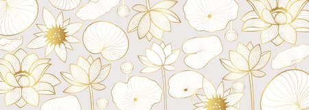 Vector poster with golden lotus flowers on a gray background. Golden lotus flowers in line art style.のイラスト素材