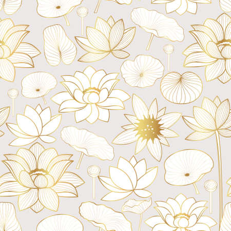Seamless vector pattern with golden lotus flowers on a light gray backgroundのイラスト素材