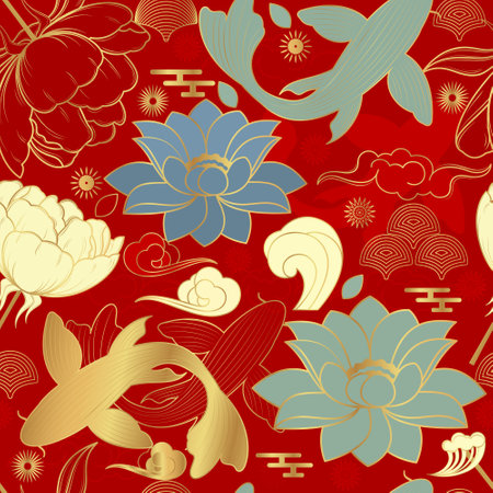 Seamless vector pattern with peonies and carps on a red background. Chinese background.のイラスト素材